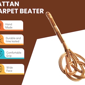 May include: A brown rattan carpet beater with a wide, flat face and a comfortable grip. The beater is hand-made and durable.