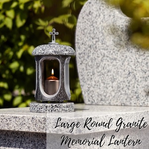 Large Round Granite Memorial Lantern – 8.6&quot; (22cm) Elegant Grey Graveside Tribute with Cross for Lasting Remembrance & Outdoor Use
