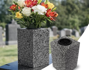 Granite Memorial Vase for Flowers – 25cm Tall, Solid Stone Square Vase with Insert Grid for Cemetery, Garden or Home Use - Grey or Black