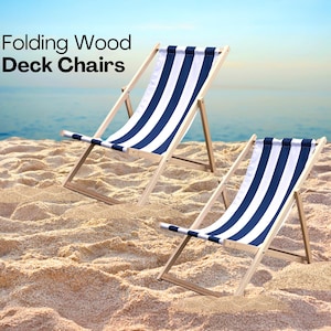 Set of 2 Folding Wooden Deck Chairs – Marine Style Navy & White Striped Canvas Adjustable Outdoor Recliners for Beach, Garden, and Patio