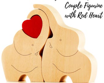 Wooden Elephant Couple Figurine – Romantic Heart Decor, Anniversary Gift for Couples, Lucky Home Ornament