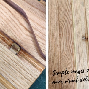 May include: Close-up of two wooden surfaces. One shows a light brown, textured wood with a dark brown border and a filled knot. The other shows light brown wooden planks with the text "Sample images of minor visual defect."