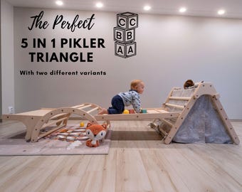 Montessori Climbing Gym: Wooden Triangle, Ramp, Desk & Playhouse Tent