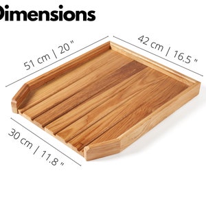 May include: A rectangular wooden tray with a light brown finish. The tray is 20 inches long, 16.5 inches wide, and 11.8 inches deep. The word "Dimensions" is at the top of the image.