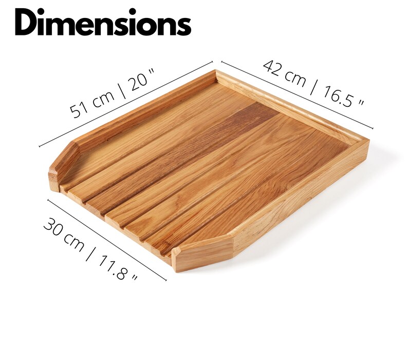 May include: A rectangular wooden tray with a light brown finish. The tray is 20 inches long, 16.5 inches wide, and 11.8 inches deep. The word "Dimensions" is at the top of the image.