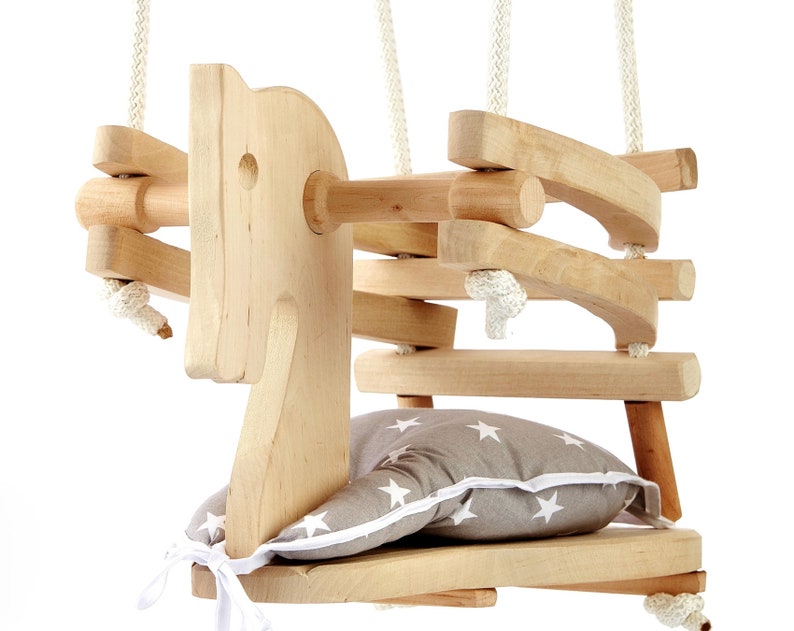 Wooden Toddler Swing With Soft Cushion Cute Horse Figure Safety Seat Swing Handmade Wood Swing For Indoor Nursery Outdoor Garden image 1