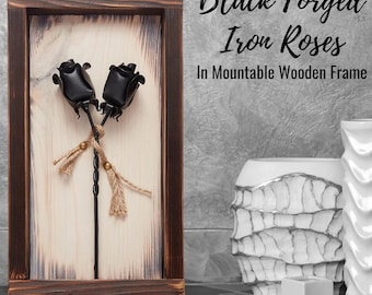 Forged Iron Roses in Wood Frame – Handmade 6th Anniversary Iron Gift
