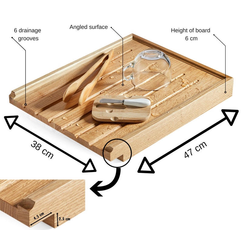 May include: A rectangular wooden serving board, 18.5 inches long and 15 inches wide, with six drainage grooves. It features an angled surface and a 2.4-inch high edge. Includes a small butter knife and a glass.