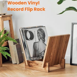 Solid Oak Wooden Vinyl Record Holder - Stylish Flip Rack for 12&#39;&#39; LPs - Vinyl Record Storage Displays Up to 40 Records