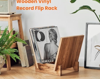 Solid Oak Wooden Vinyl Record Holder - Stylish Flip Rack for 12'' LPs - Vinyl Record Storage Displays Up to 40 Records