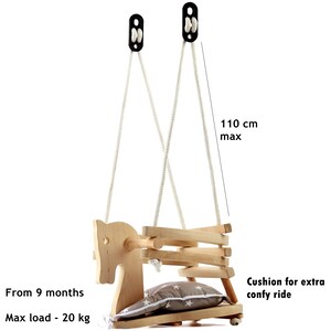 Wooden Toddler Swing With Soft Cushion Cute Horse Figure Safety Seat Swing Handmade Wood Swing For Indoor Nursery Outdoor Garden image 4
