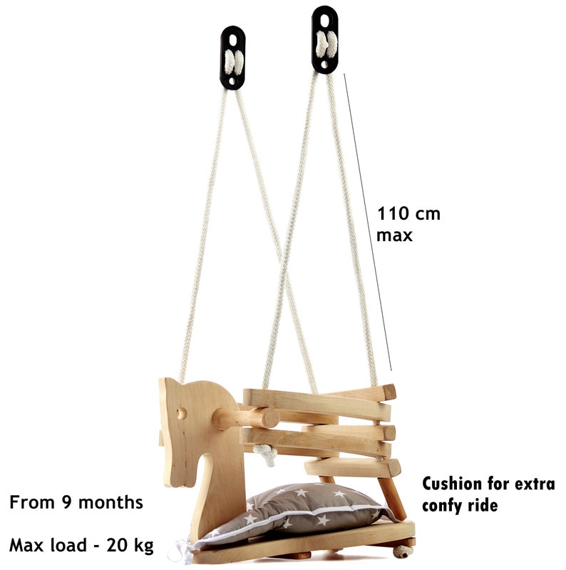 Wooden Toddler Swing With Soft Cushion Cute Horse Figure Safety Seat Swing Handmade Wood Swing For Indoor Nursery Outdoor Garden image 4