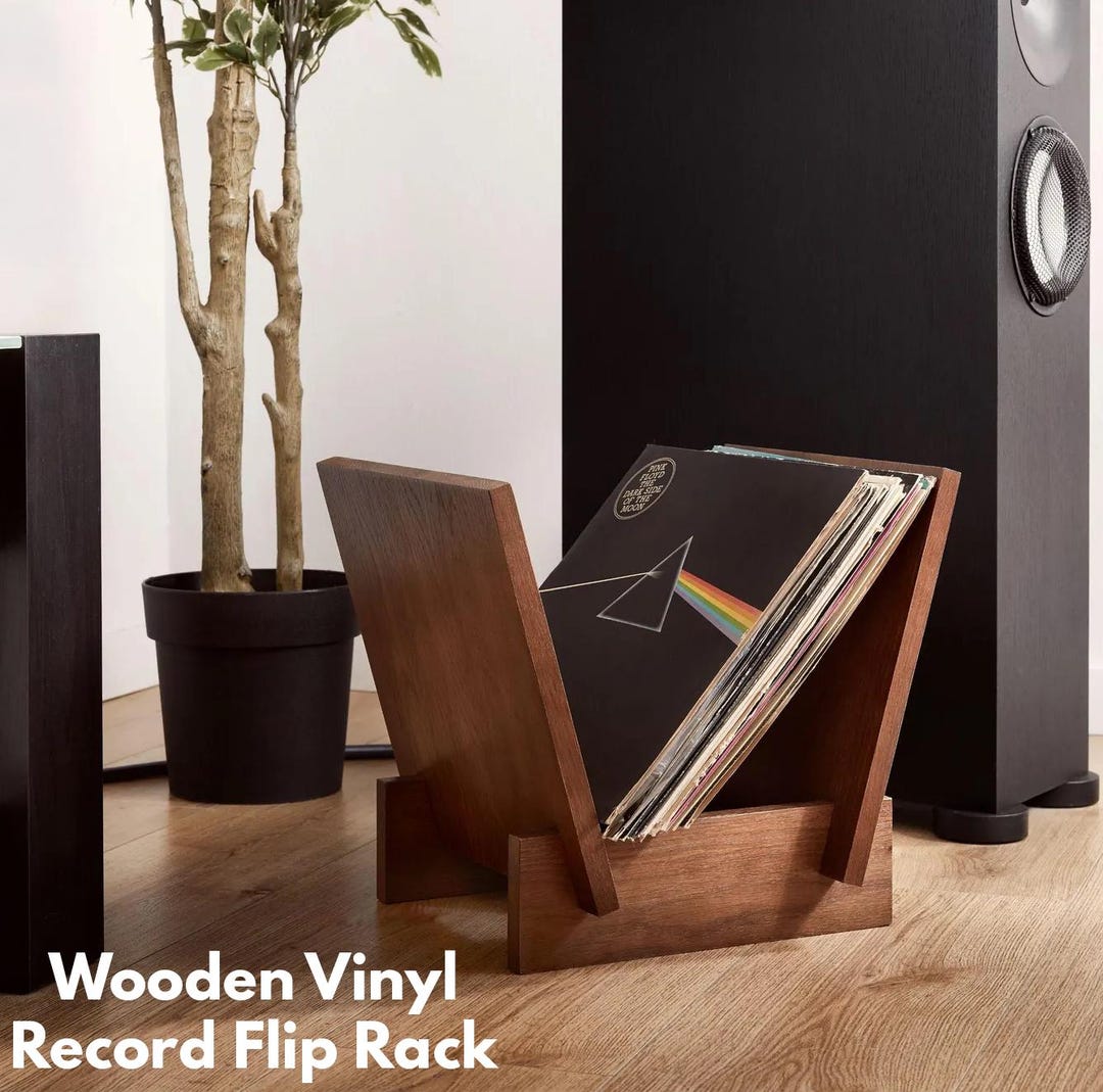 Solid Oak Wooden Vinyl Record Holder - Stylish Flip Rack for 12'' Lps ...