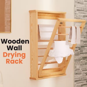 Wooden Wall Mounted Clothes Drying Rack - Foldable Clothes Airer with Double Side Rails for Indoor Laundry - Space-Saving Drying Racks