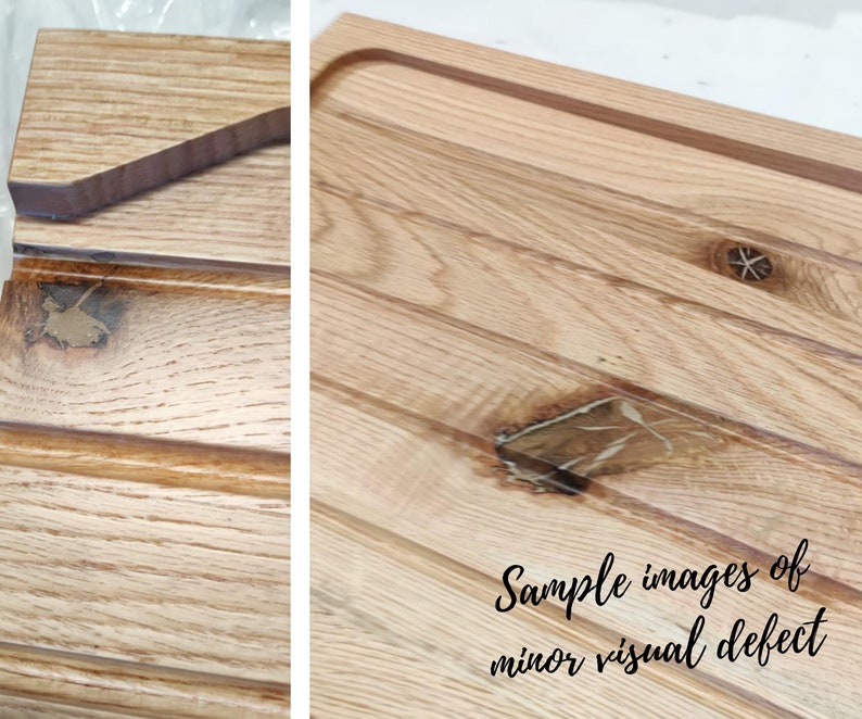 May include: Close-up of a light-colored wooden cutting board with a juice groove and a handle. The wood grain is visible, and the board has a natural, rustic appearance. The text "Sample images of minor visual defect" is written in black cursive.