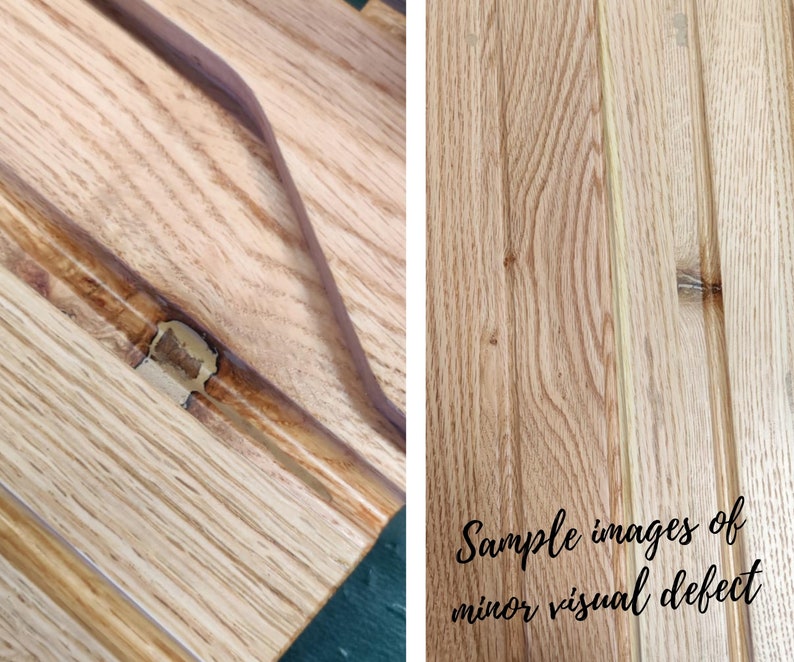 May include: Close-up of light-colored wooden planks and a section of a wooden surface with a dark brown border. The wooden surface has a visible knot and a small area of repair. Text reads: "Sample images of minor visual defect."