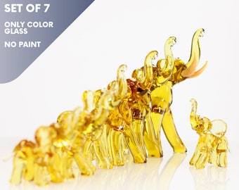 Set of 7 Elephant Glass miniatures, Hand-Blown Figurine Art, Handmade Elephants Figurines, No Paint Only Colored Glass.