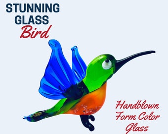 Hummingbird Glass Figurine, Handblown Glass Animal Art, Handmade Bird Figurines, No paint Only Colored Glass, Perfect Collectible.