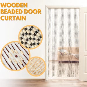 Handmade Wooden Beaded Door Curtain with Hooks Rings - Natural Wood and Bamboo 35.4&quot; x78.7&quot; (90x200 cm) for Doorways or Room Partitions