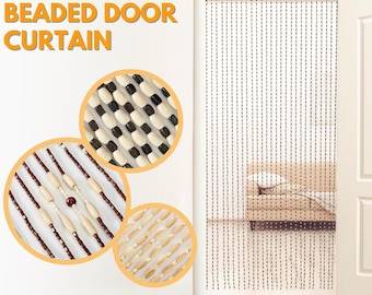 Handmade Wooden Beaded Door Curtain – Boho Room Divider, Natural Wood Hanging Bead Curtain