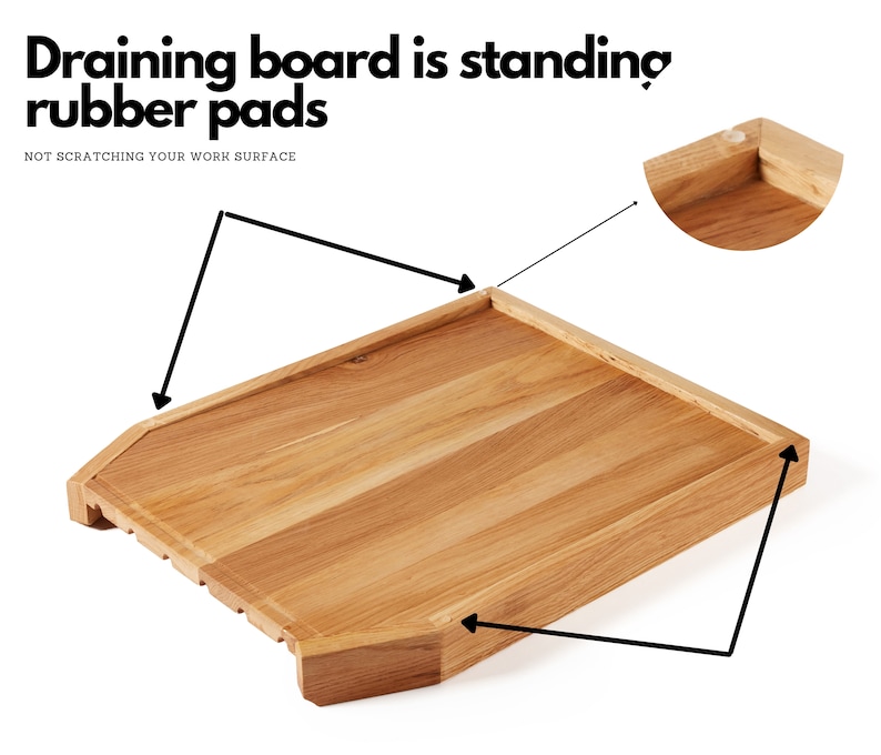 May include: A wooden draining board with a rectangular shape and a light brown color. The board has a slatted design on one side and is designed to stand on rubber pads. Text on the image reads: "Draining board is standing rubber pads. NOT SCRATCHING YOUR WORK SURFACE."