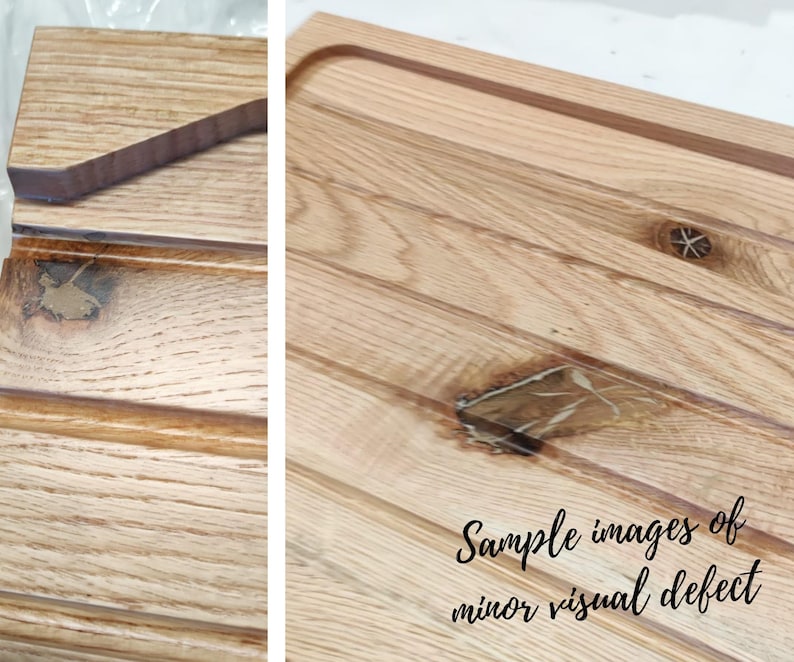 May include: Close-up of a light-colored wooden cutting board with a juice groove and a handle. The wood grain is visible, and the board has a natural, rustic appearance. The text "Sample images of minor visual defect" is visible.
