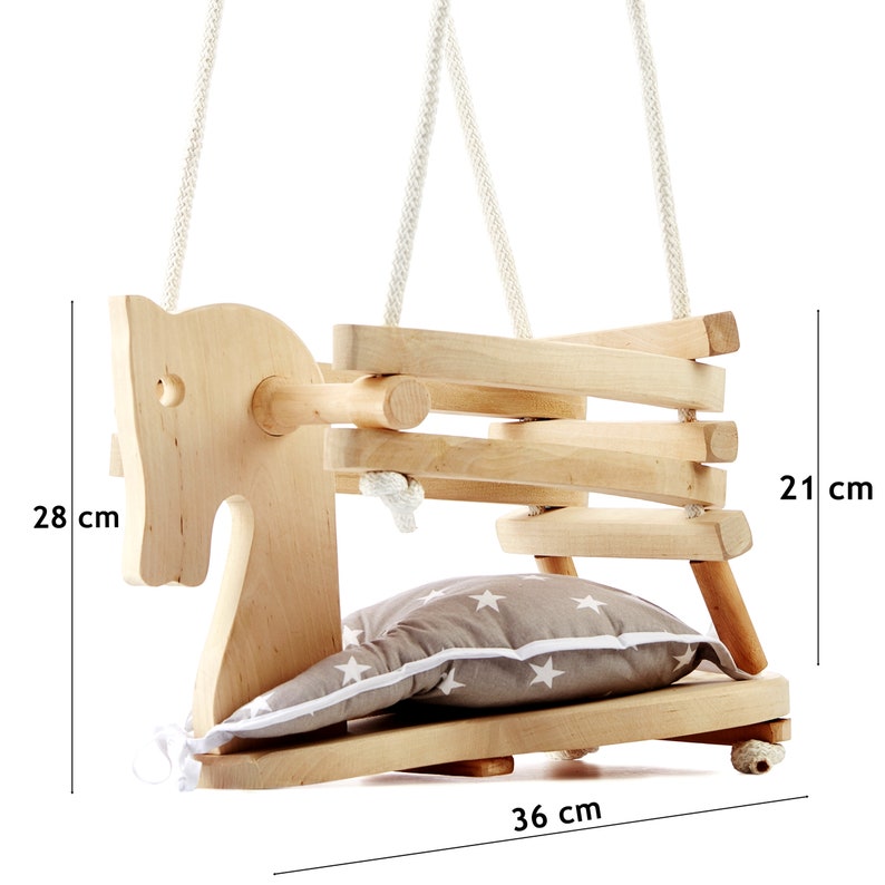 Wooden Toddler Swing With Soft Cushion Cute Horse Figure Safety Seat Swing Handmade Wood Swing For Indoor Nursery Outdoor Garden image 2