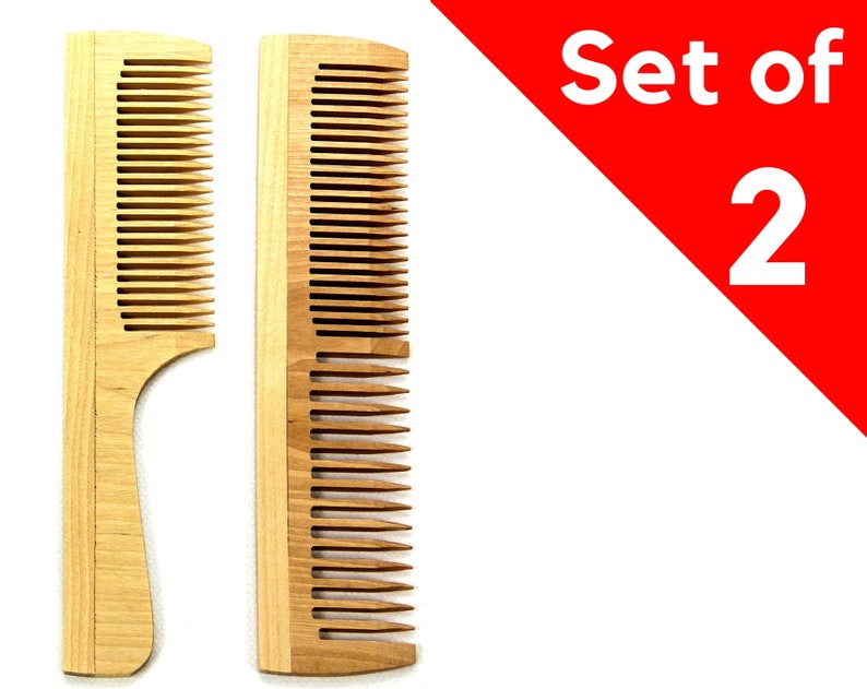 Set Of 2 Natural Wood Combs For Hair And Beard Anti Static Etsy