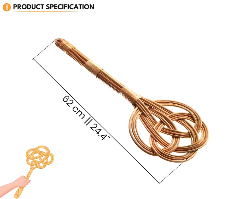 May include: A natural woven bamboo whisk with a long handle. The whisk is 62 cm or 24.4 inches long.  The whisk is made of natural woven bamboo.