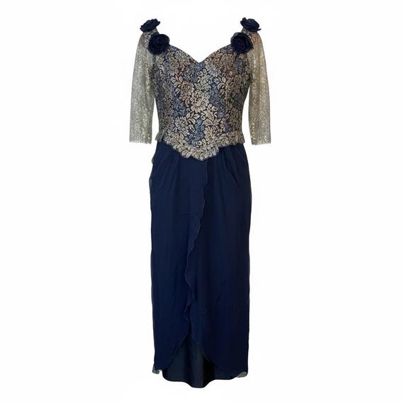 Zandra Rhodes, Vintage Zandra Rhodes Sequin Cocktail Dress | Metallic Lace Bodice, Floral Shoulder Detail