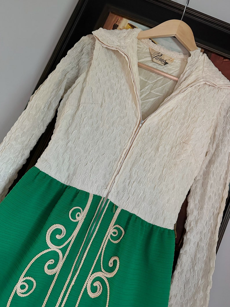 Vintage Green and Ivory Maxi Dress 1970s/1960s / Long sleeves/ Embroidered skirt image 2
