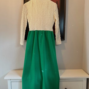 Vintage Green and Ivory Maxi Dress 1970s/1960s / Long sleeves/ Embroidered skirt image 9