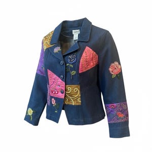 Vintage Together Floral Embroidered Patchwork Denim Blazer