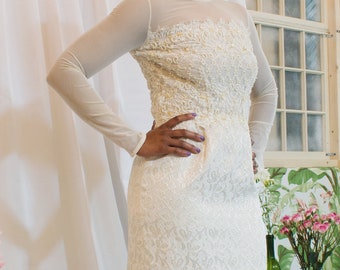 Elegant Sheer Mesh Sleeve Embellished Bodice Wedding Dress