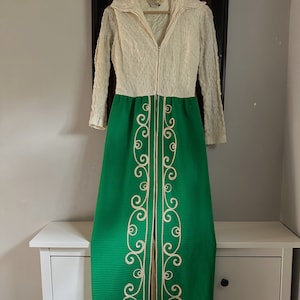 Vintage Green and Ivory Maxi Dress 1970s/1960s / Long sleeves/ Embroidered skirt image 1