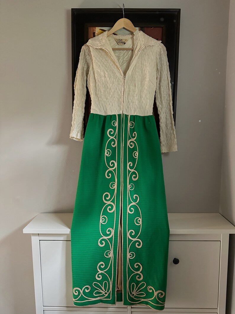 Vintage Green and Ivory Maxi Dress 1970s/1960s / Long sleeves/ Embroidered skirt image 1