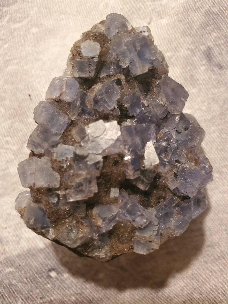 May include: A cluster of blue-purple fluorite crystals. The crystals are cubic in shape and are set in a matrix of dark brown material. The fluorite has a translucent appearance, with some areas appearing more opaque. The overall shape is irregular.