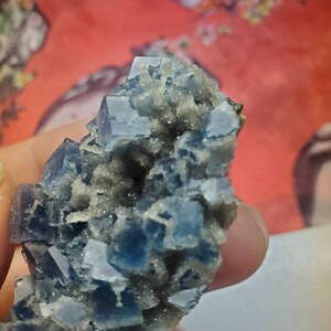 May include: Close-up of a cluster of blue and gray fluorite crystals. The crystals have a cubic shape and are arranged in a dense formation. The background is a blurred red and floral pattern.