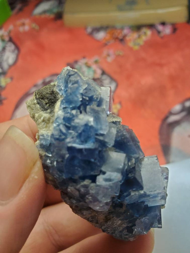 May include: A close-up of a blue fluorite crystal cluster. The crystal has a cubic structure with a translucent appearance. The base of the crystal is a dark gray color. The background is a blurred red and floral pattern.