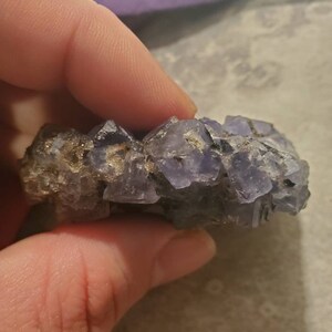 May include: A cluster of small, light purple crystals with a rough, textured surface. The crystals have a natural, irregular shape and are held in place by a dark, earthy matrix. The overall appearance is of a raw, unpolished mineral specimen.