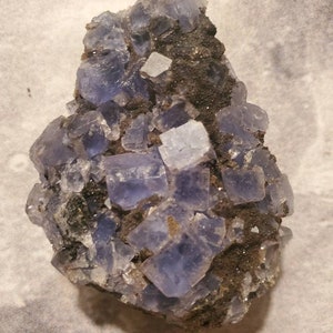 May include: A cluster of blue and clear fluorite crystals with a cubic structure. The crystals are set in a dark matrix, creating a contrast of colors and textures. The fluorite has a translucent quality, allowing light to pass through.