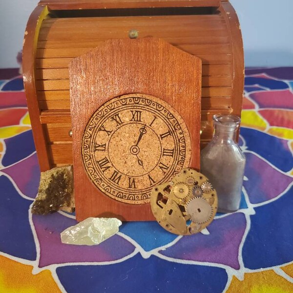 Bearly Box - Witchy Box - Time Theme - Roll Top Desk With Atacamite, Green Calcite, Clock Parts, Smalls