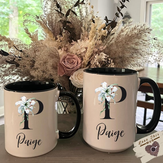 Personalized Name & Initial Letter Monogram Floral Alphabet Mug, Name Cups,  Name Mug Gift For Mom/Sister/Girls, Custom Name Mugs Gifts For Women 
