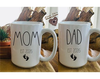 Mom and Dad Mug Set, Baby Shower Gift for New Parents, First Time Dad Gift, First Time Mom Gift, Mom EST Mugs