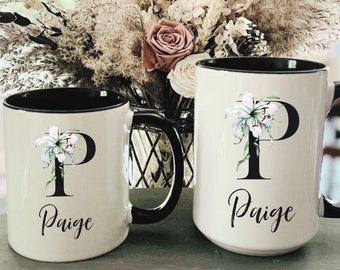 B Monogram Mug, L Initial Mug, V Monogram Mug, G Monogram Mug, P Monogram Mug, Personalized Mug, ANY Black Letters Mug, Custom Name Gift