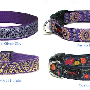 May include: Four different dog collars with purple, gold, and silver accents. The collars feature various patterns, including paisley, floral, and geometric designs. The collars are made of durable materials and are available in a variety of sizes.