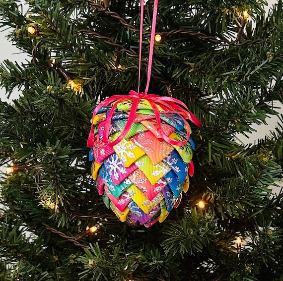 Brightly Colored Silver Snowflake Ribbon Christmas Pinecone, Handmade  Pinecone Ornament, Ribbon Christmas Ornament, Multi Colored Pinecone 