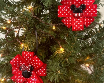 Mickey and Minnie Mouse Ribbon Christmas Ornaments Set of 6 - Red and White Polka Dot Ribbon Ornaments - Mickey and Minnie Christmas