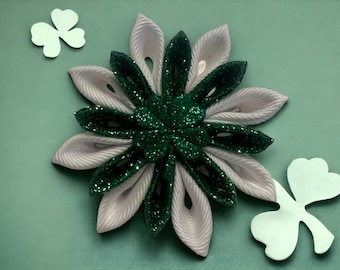 Sparkly Green and White St Patrick’s Day Hair Bow | Green and White Kanzashi Hair Bow | Handmade Shamrock St Patrick’s Day Hair Bow