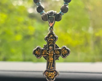 Moss Agate Car Mirror Charm: Guardian Angel Cross Amulet